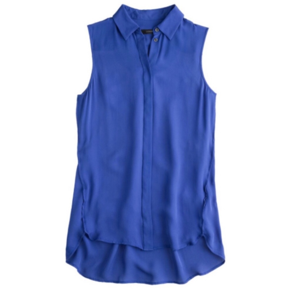 J Crew Royal Blue Silk Sleeveless Collared Top Size 6 Button Front Flowy Blouse